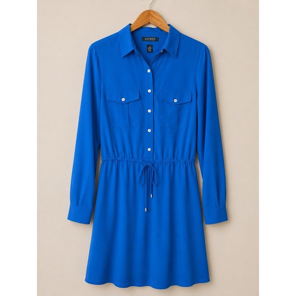 Ralph Lauren Dresses & Skirts - Lauren Ralph Lauren Dress 10P Blue Shirt Dress Drawstring Waist Career Petite